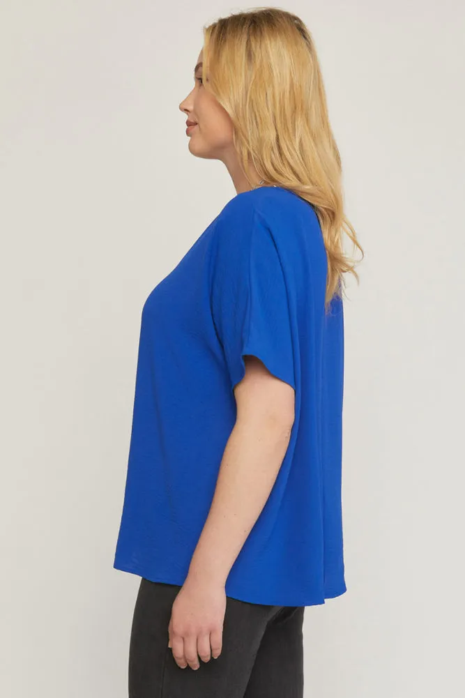 Plus V-Neck Round Hem Top in Royal by Entro