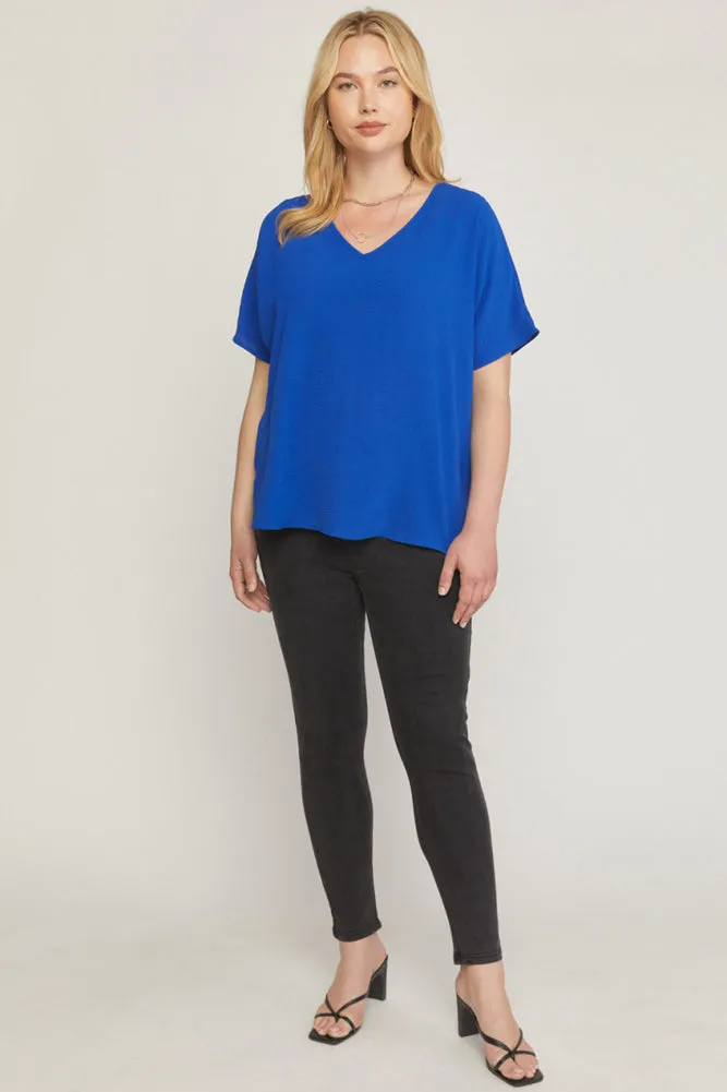 Plus V-Neck Round Hem Top in Royal by Entro