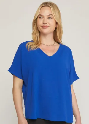 Plus V-Neck Round Hem Top in Royal by Entro