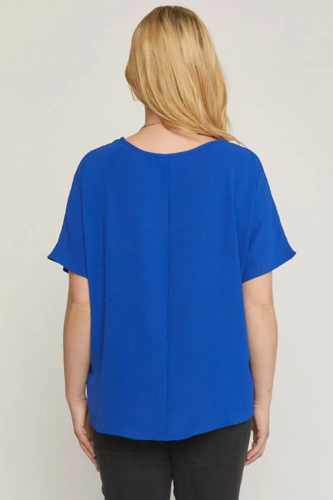 Plus V-Neck Round Hem Top in Royal by Entro