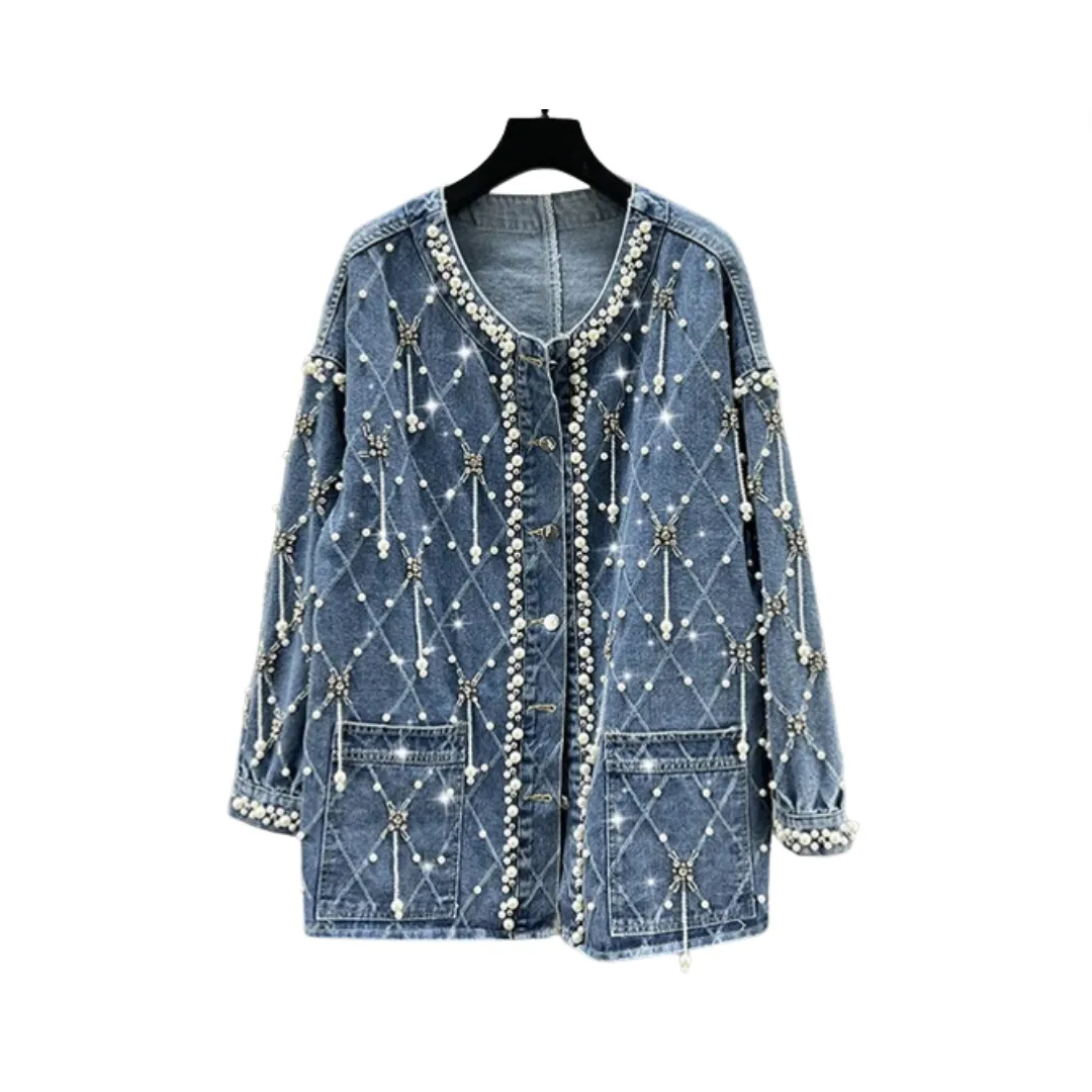 Pre Order: Beaded Diamond Loose Denim Jacket