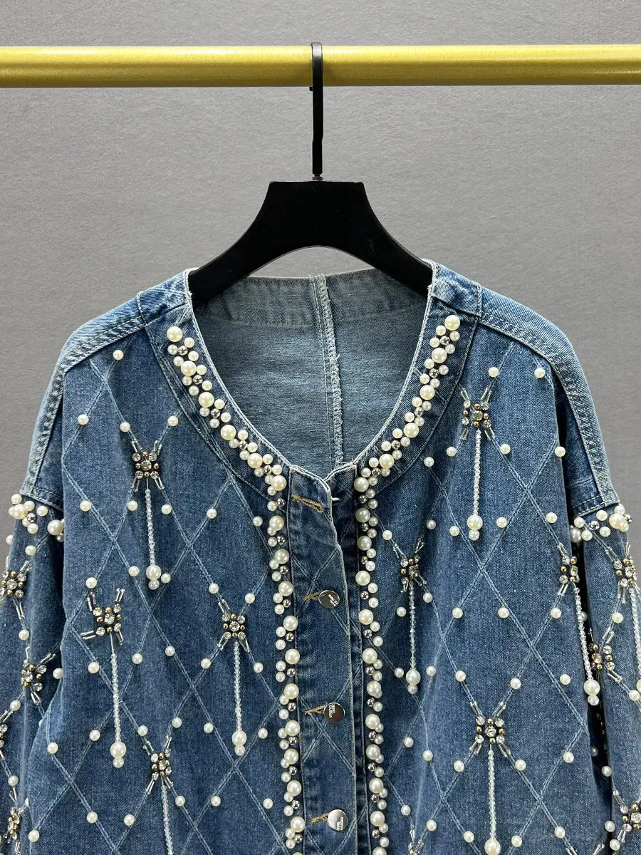 Pre Order: Beaded Diamond Loose Denim Jacket