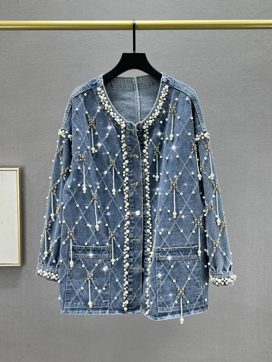 Pre Order: Beaded Diamond Loose Denim Jacket