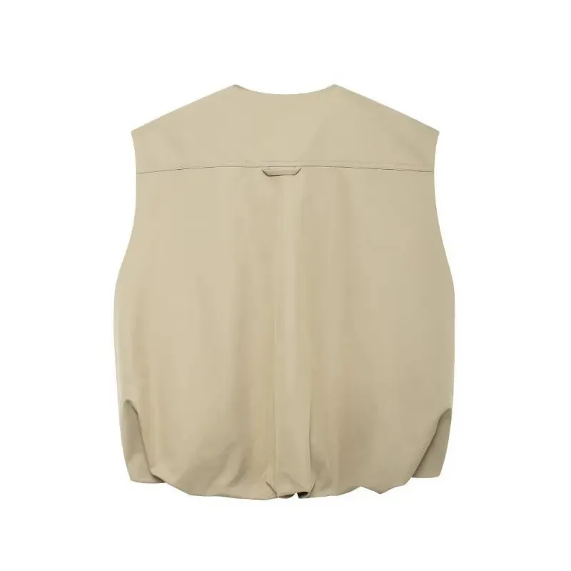 Pre Order:  Beige Zip Up Cargo Vest   Skirt Set