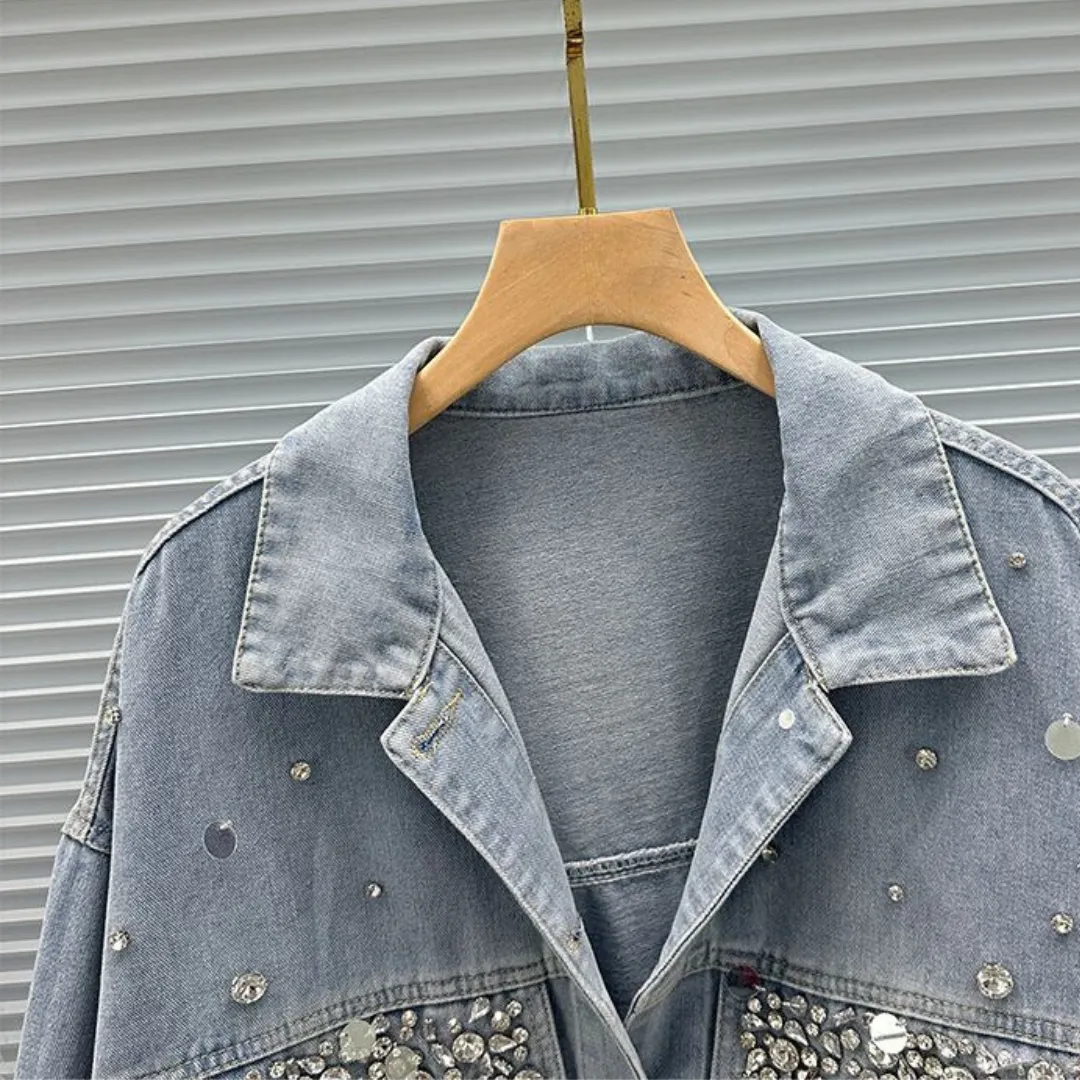 Pre Order:  Diamond Studded Long Sleeved Loose Denim Jacket