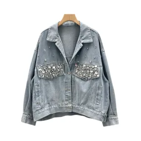 Pre Order:  Diamond Studded Long Sleeved Loose Denim Jacket