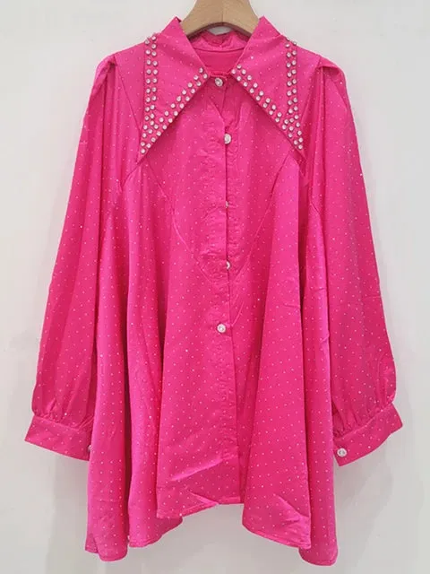 Pre Order:  Diamond Studded Loose Long Sleeved Thin Shirt