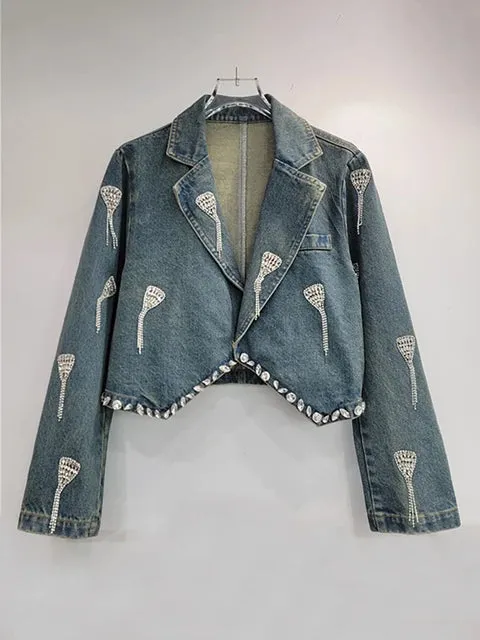 Pre Order: Embroidered Diamond Tassel Short Denim Jacket