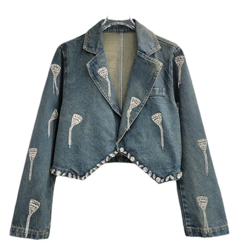 Pre Order: Embroidered Diamond Tassel Short Denim Jacket