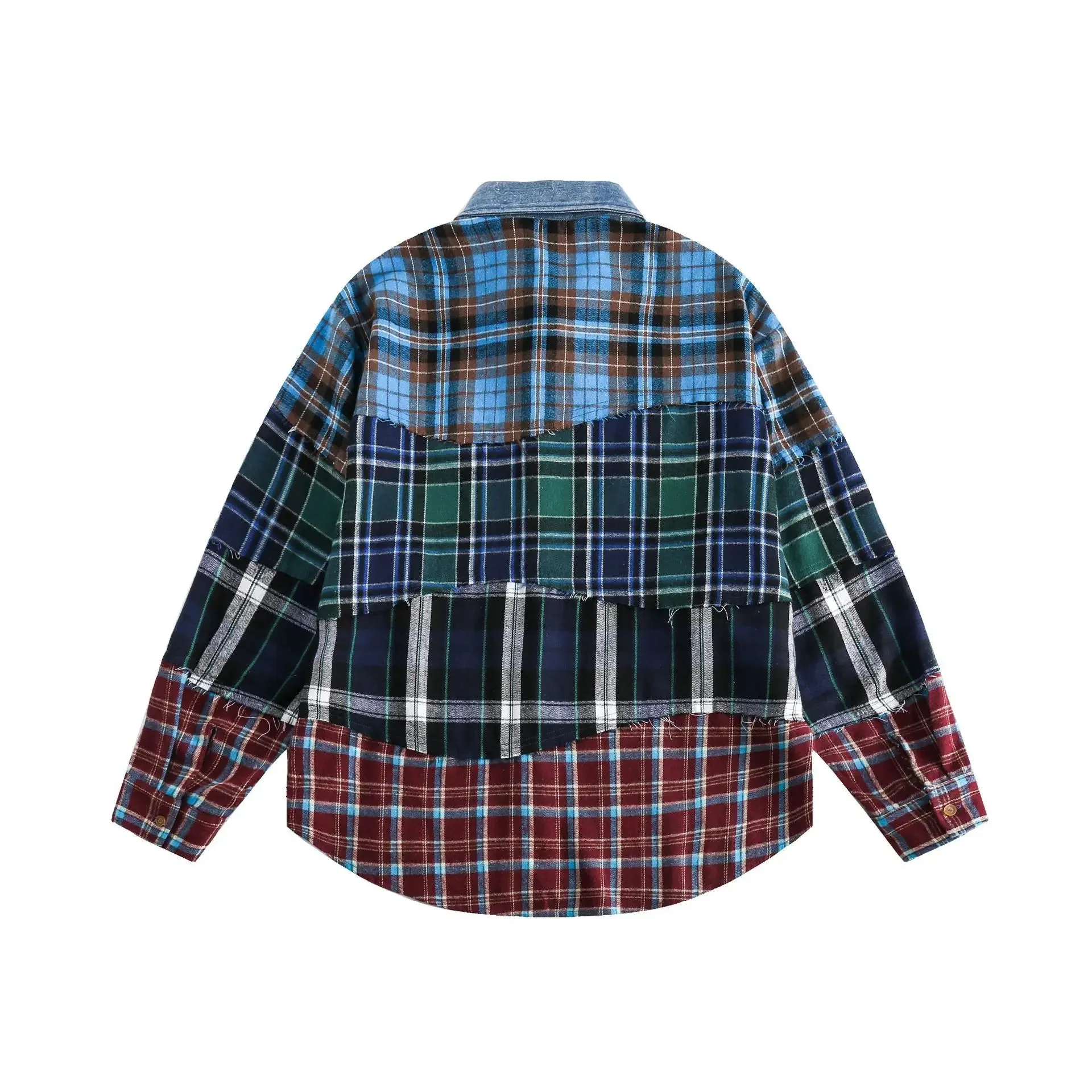 Pre Order:  Multi-Plaid Patchwork Denim Spliced Shirt