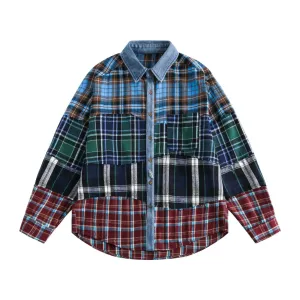 Pre Order:  Multi-Plaid Patchwork Denim Spliced Shirt