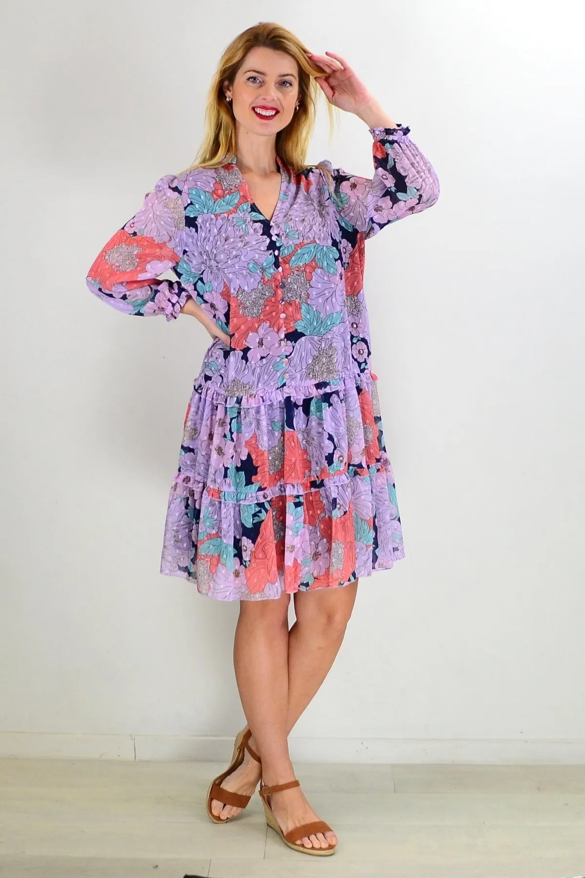 Purple Floral Print Elegant Dress