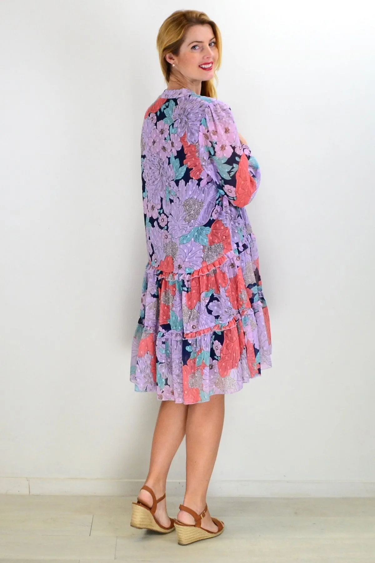 Purple Floral Print Elegant Dress