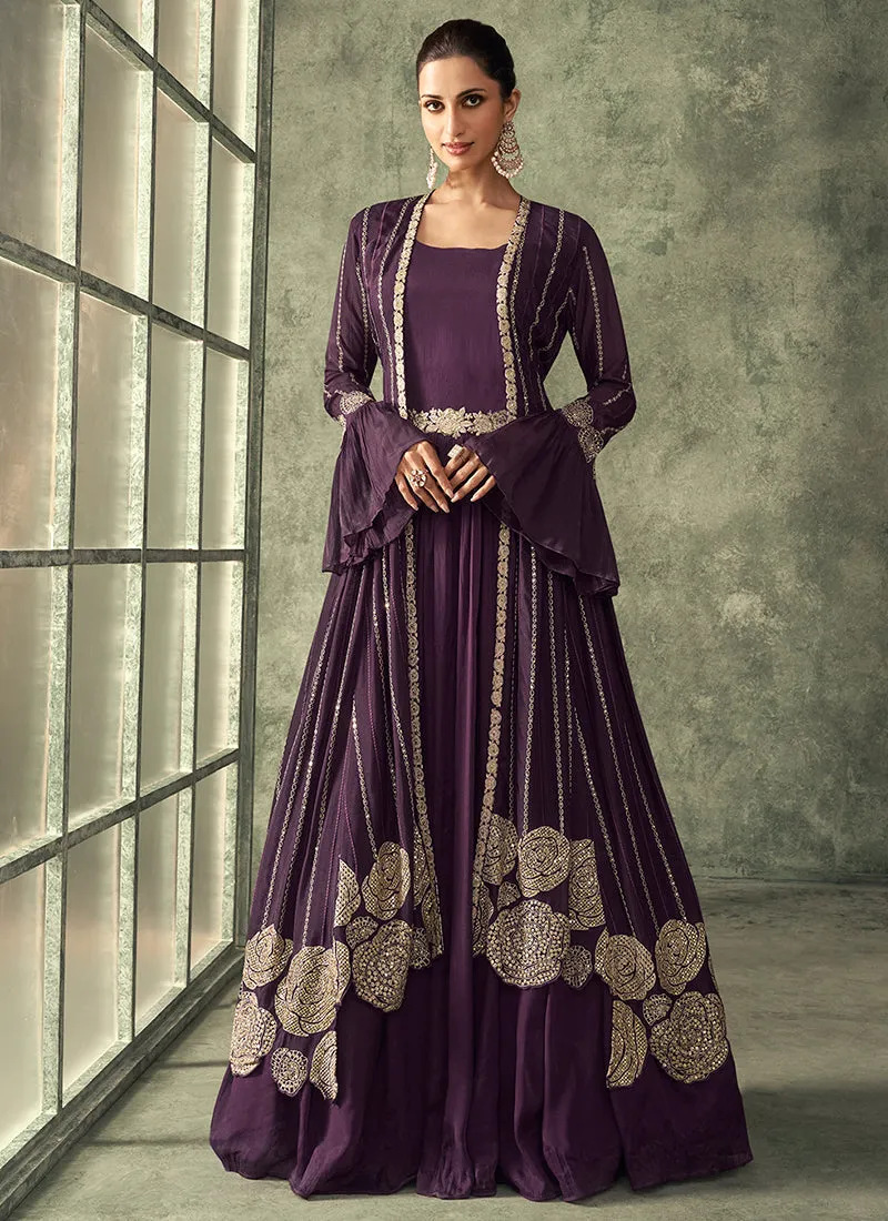 Purple Sequence Embroidery Jacket Style Anarkali Gown