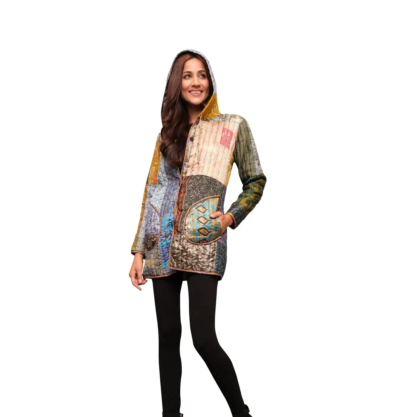 Quilted Faux Silk Patchwork Jacket w/ Hood