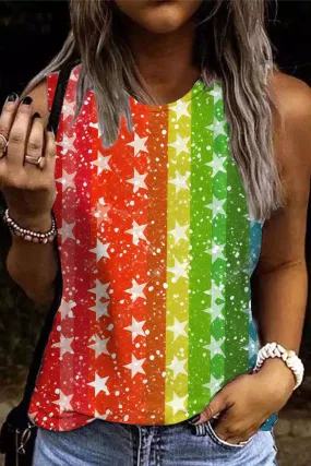 Rainbow Striped Star Print Tank Tops Womens Sleeveless T Shirt