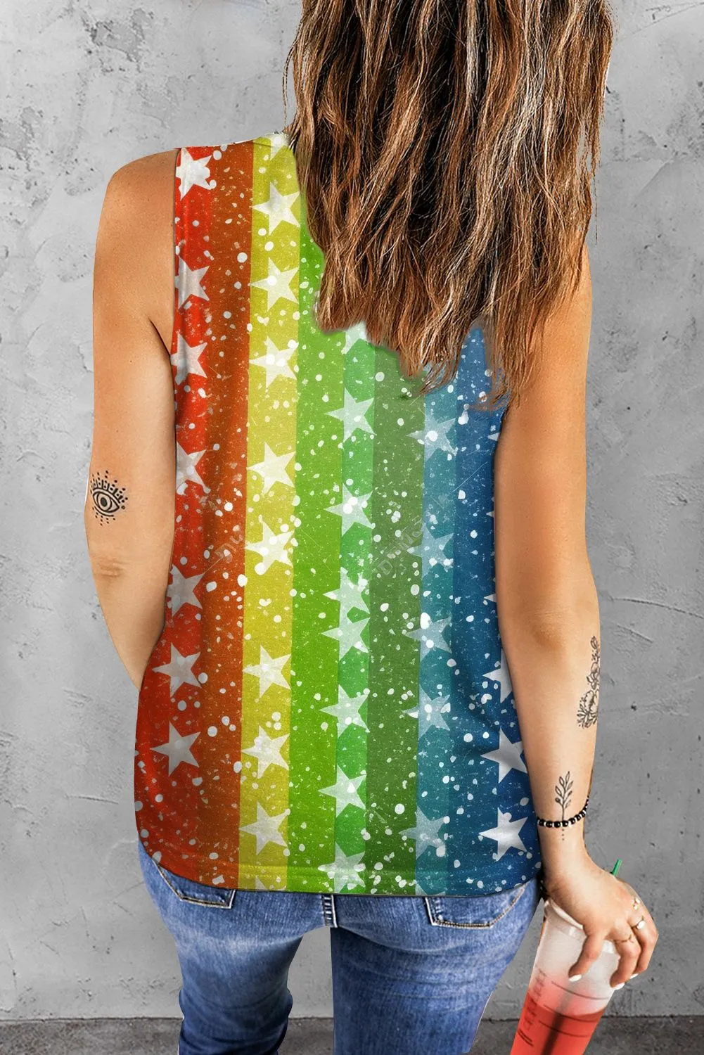 Rainbow Striped Star Print Tank Tops Womens Sleeveless T Shirt