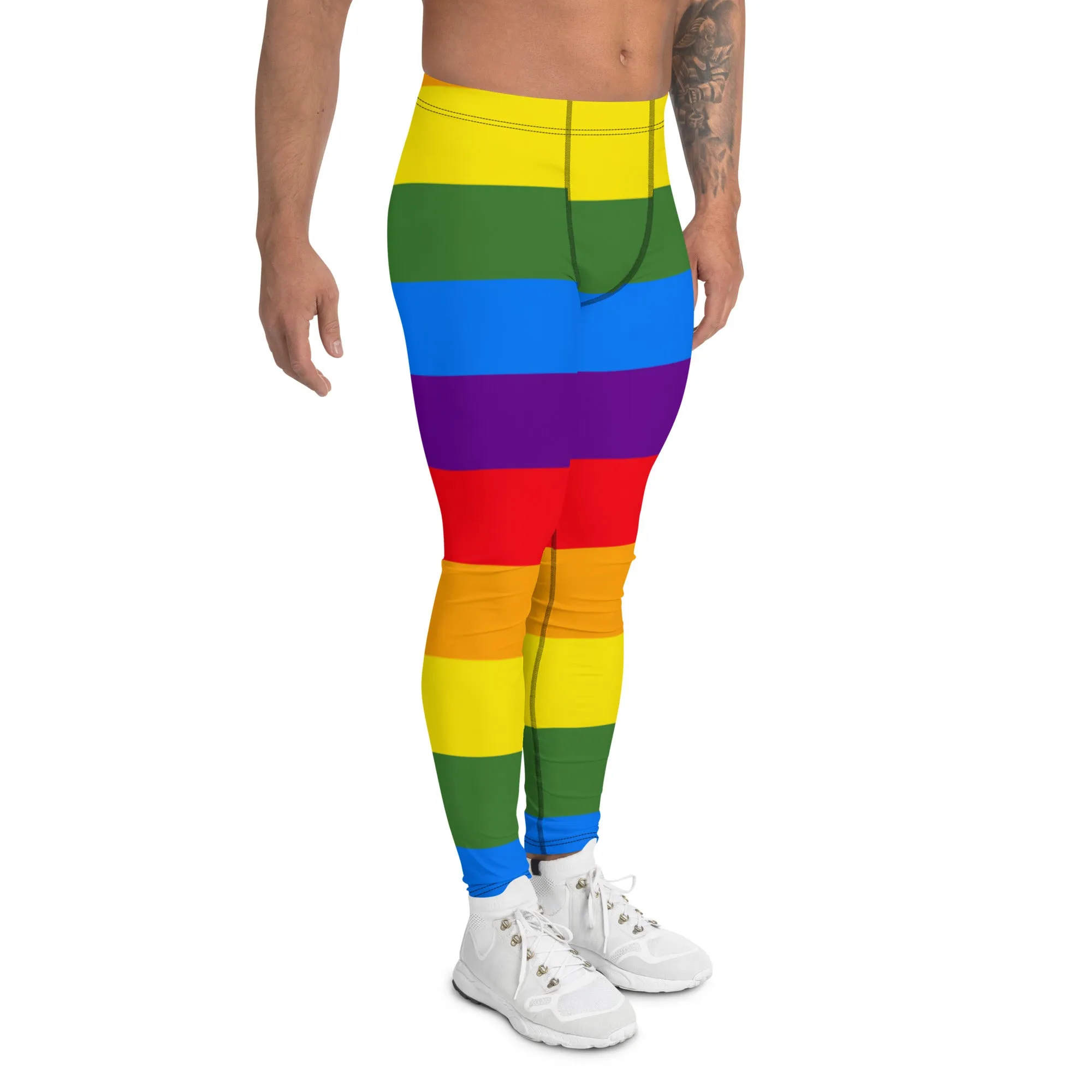 Rainbow Stripes Flag Meggings, Best Gay Pride Best Men's Leggings Pride Outfits-Made in USA/EU/MX