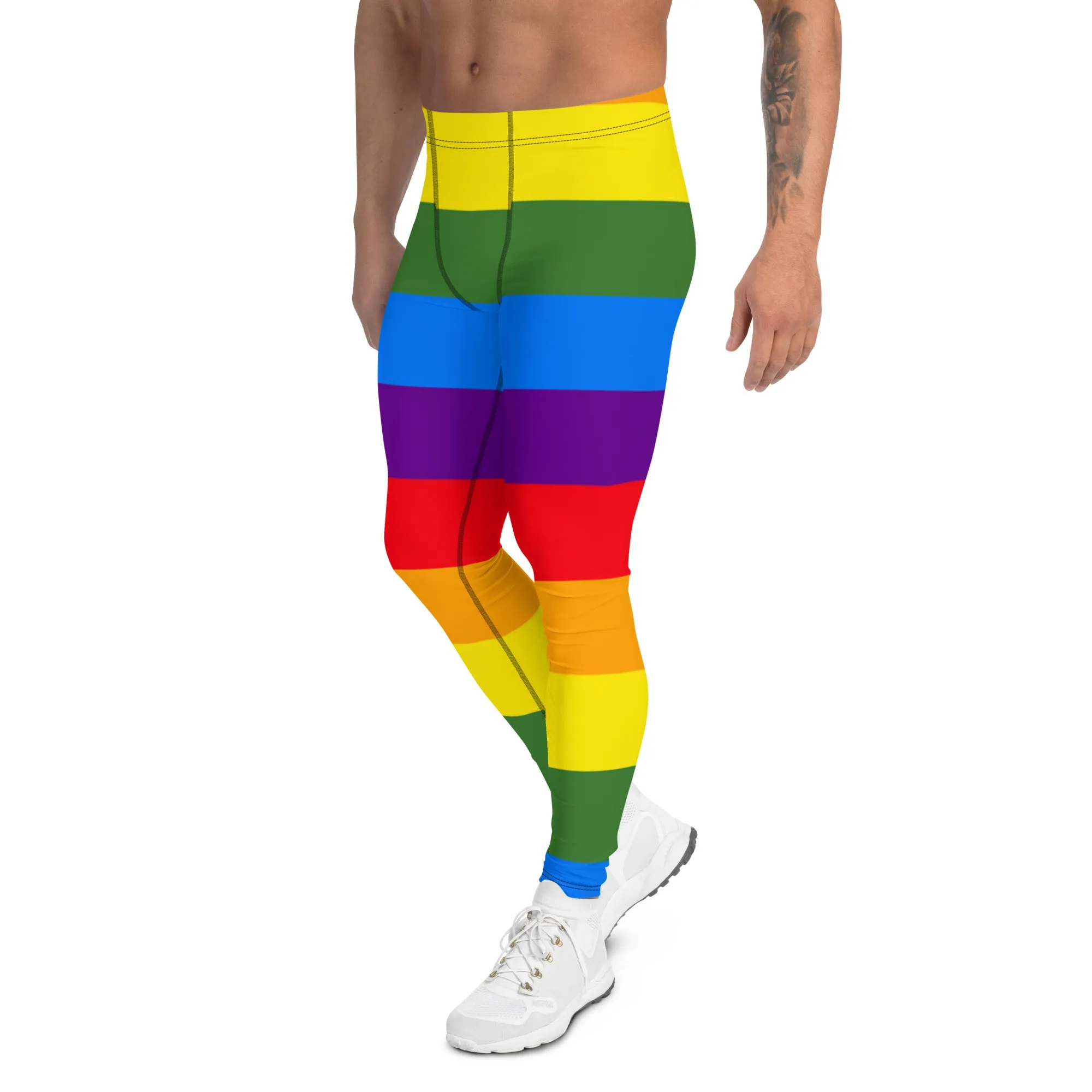 Rainbow Stripes Flag Meggings, Best Gay Pride Best Men's Leggings Pride Outfits-Made in USA/EU/MX