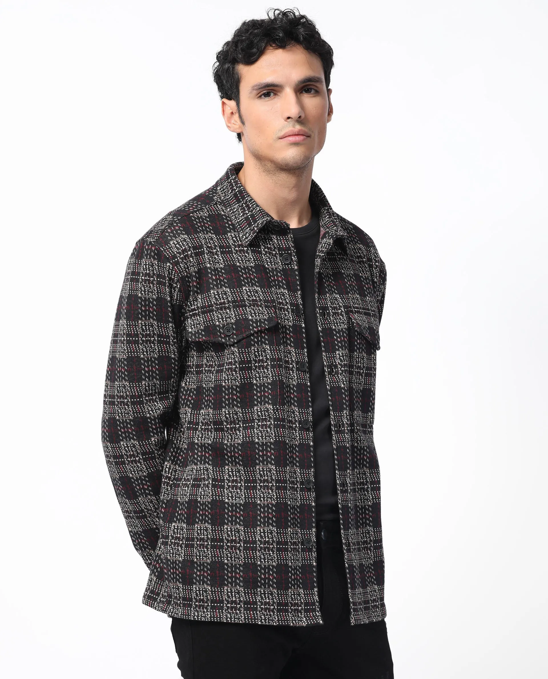 Rare Rabbit Men's Torija Black Cotton Polyester Fabric Full Sleeves Button Closure Checks Shacket