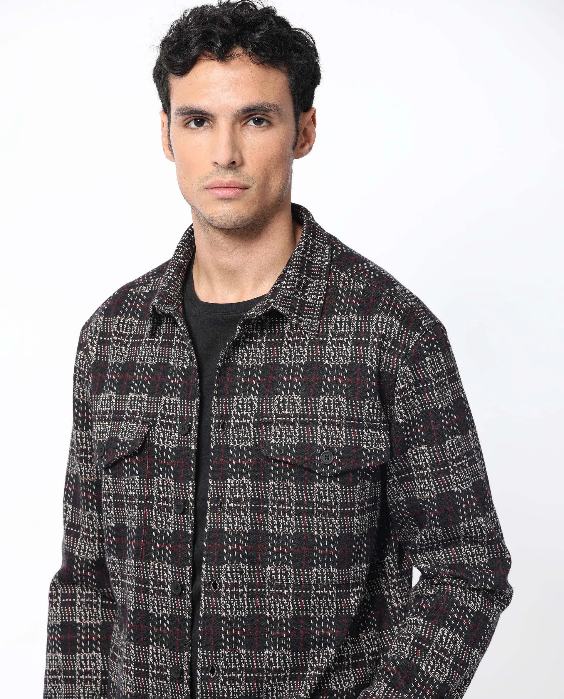 Rare Rabbit Men's Torija Black Cotton Polyester Fabric Full Sleeves Button Closure Checks Shacket