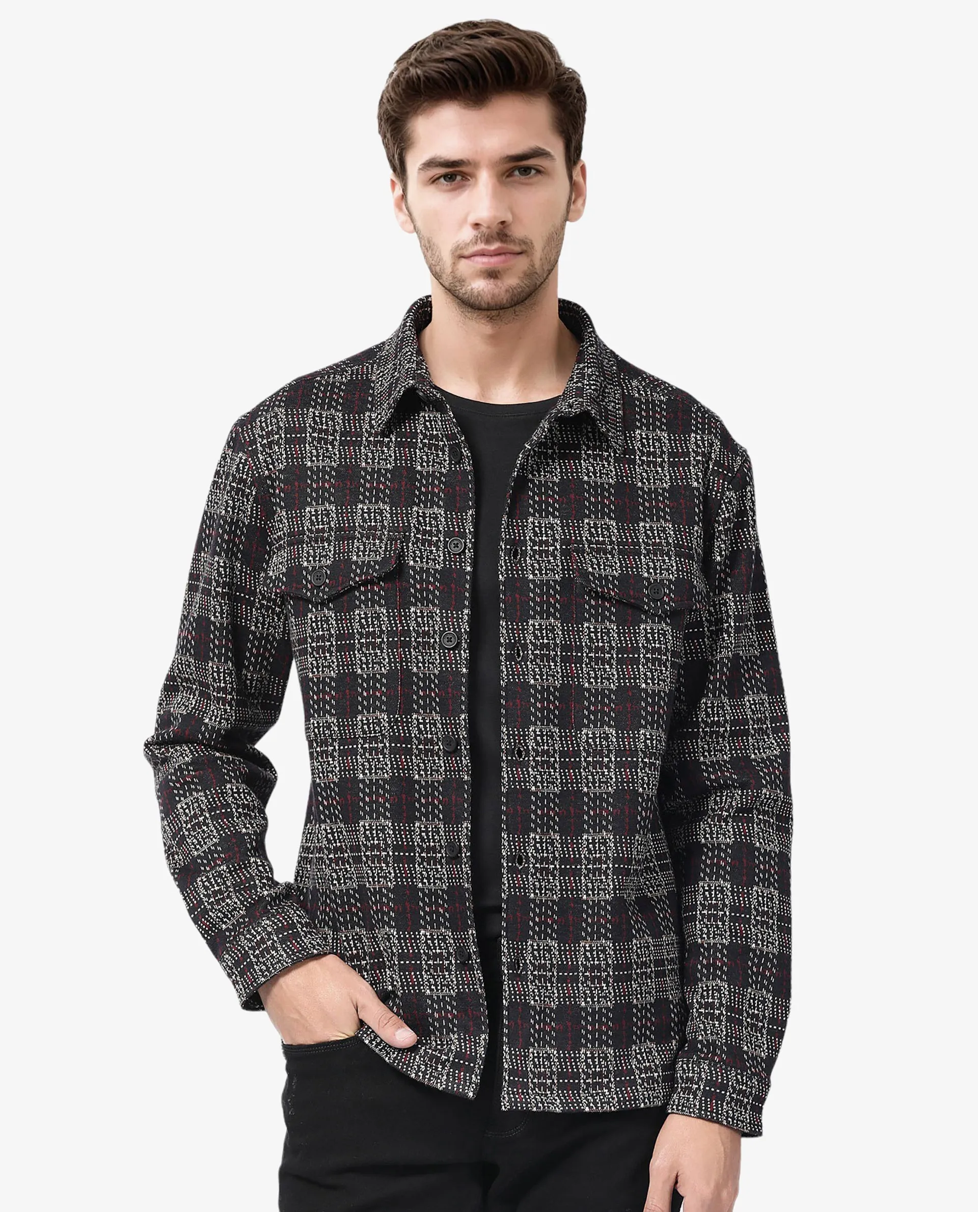 Rare Rabbit Men's Torija Black Cotton Polyester Fabric Full Sleeves Button Closure Checks Shacket