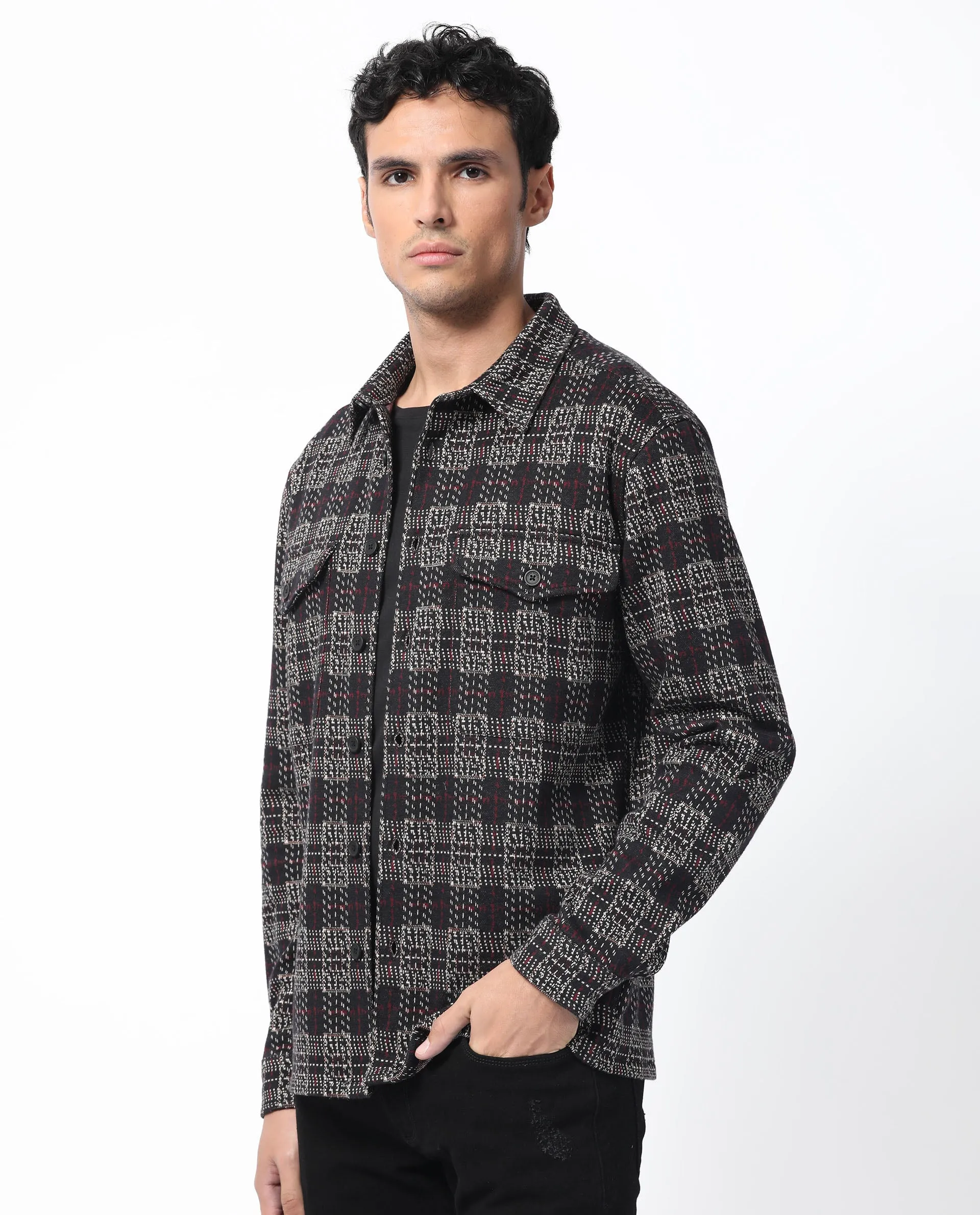 Rare Rabbit Men's Torija Black Cotton Polyester Fabric Full Sleeves Button Closure Checks Shacket