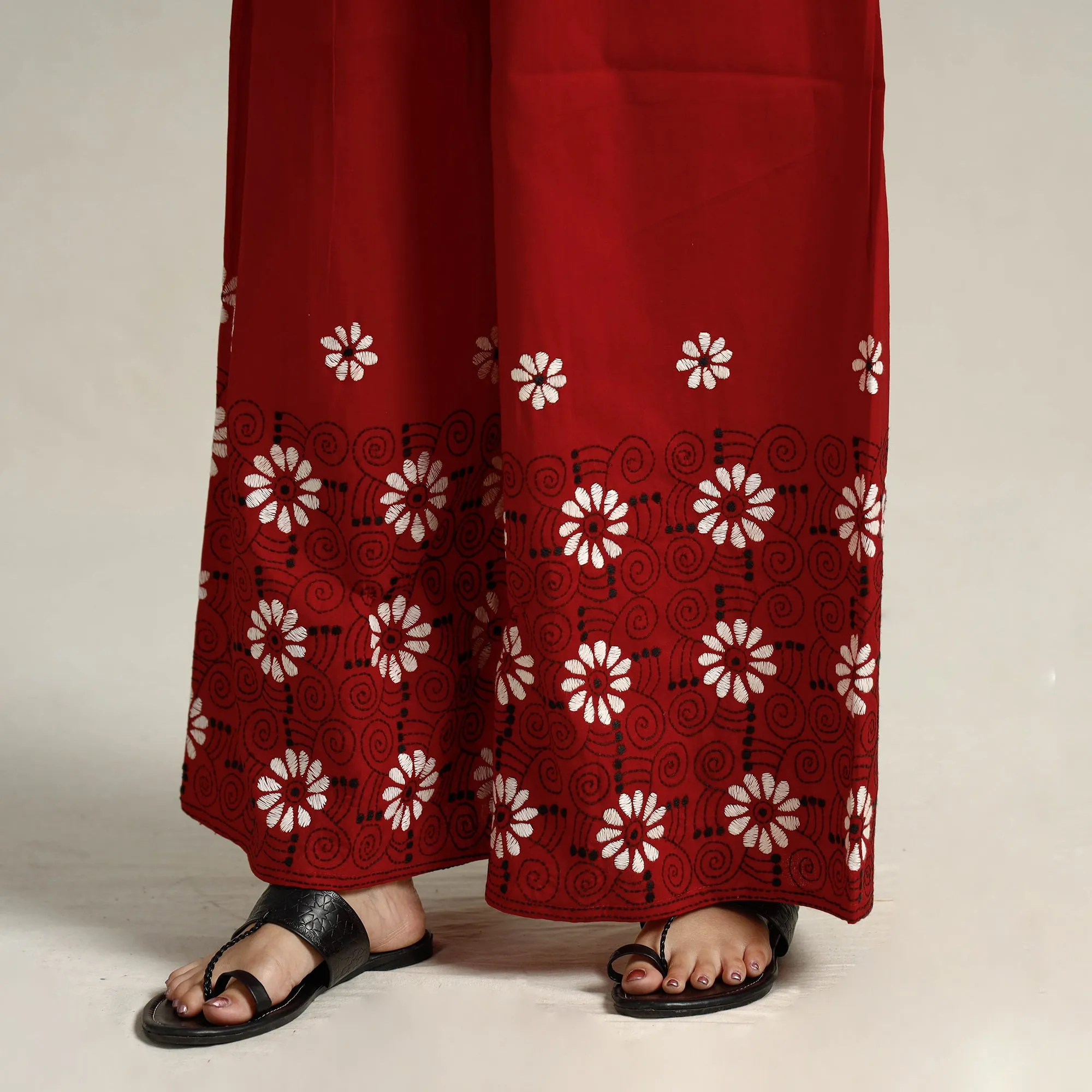 Red - Bengal Kantha Embroidered Pure Cotton Palazzo 23