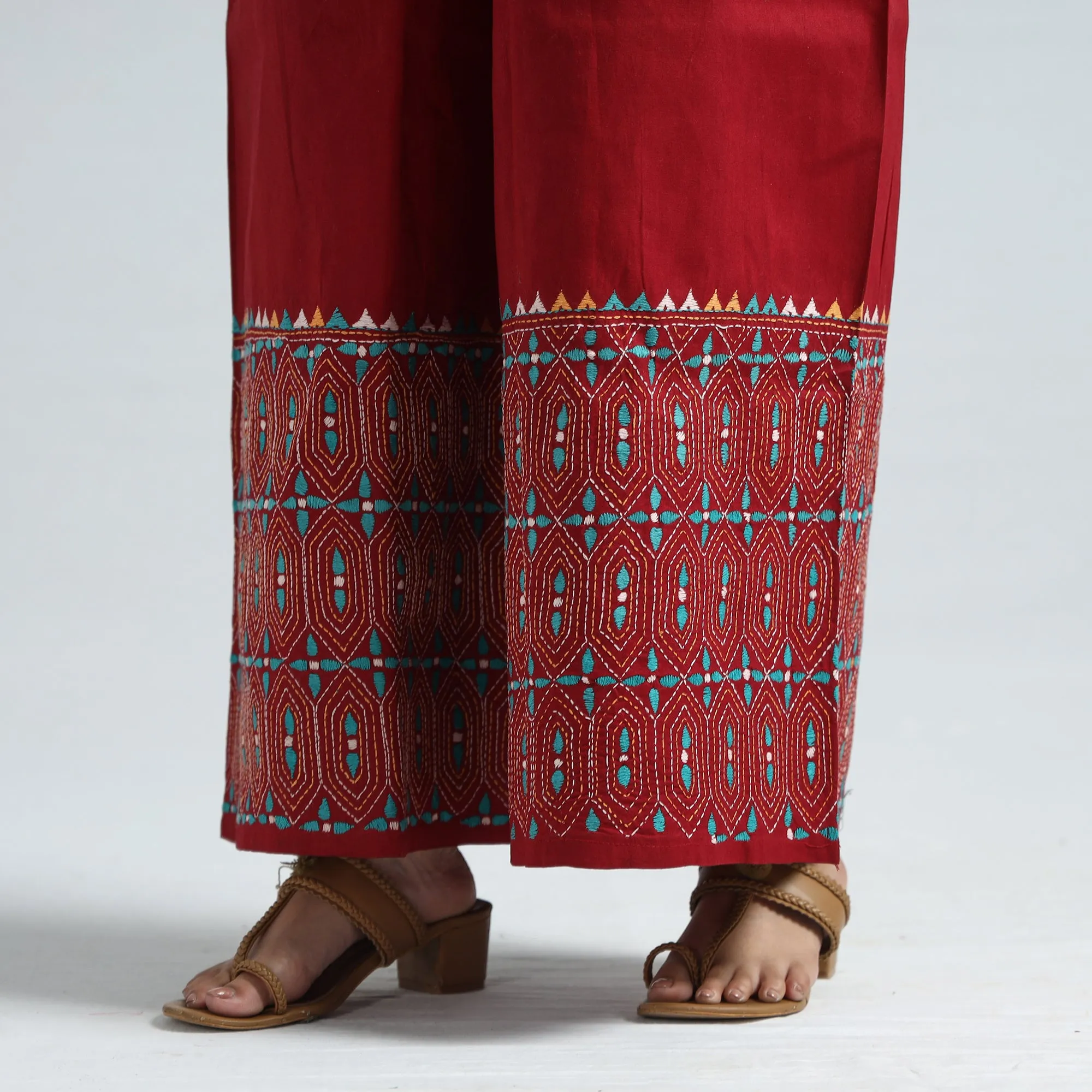 Red - Bengal Kantha Embroidery Cotton Palazzo 56