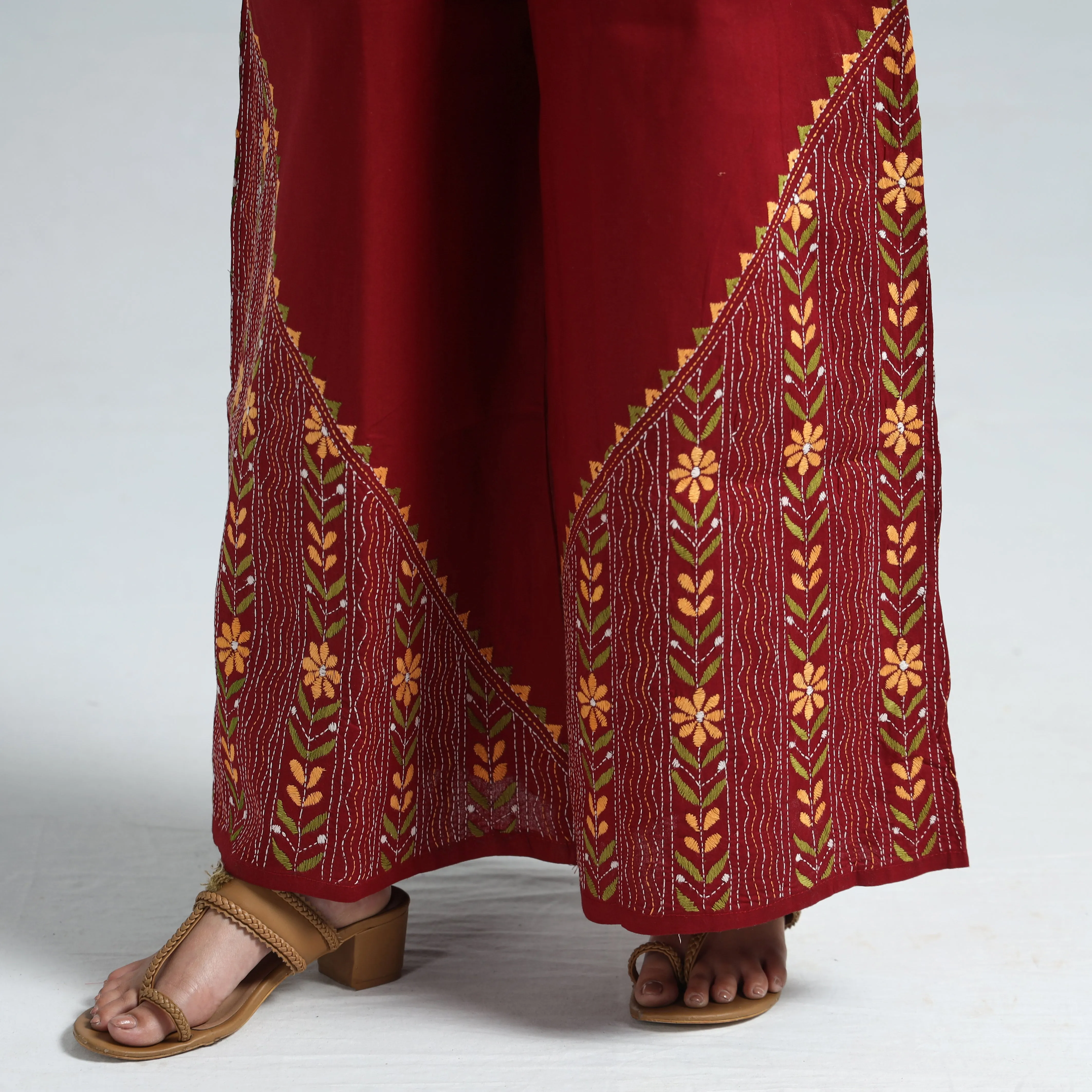 Red - Bengal Kantha Embroidery Cotton Palazzo 71