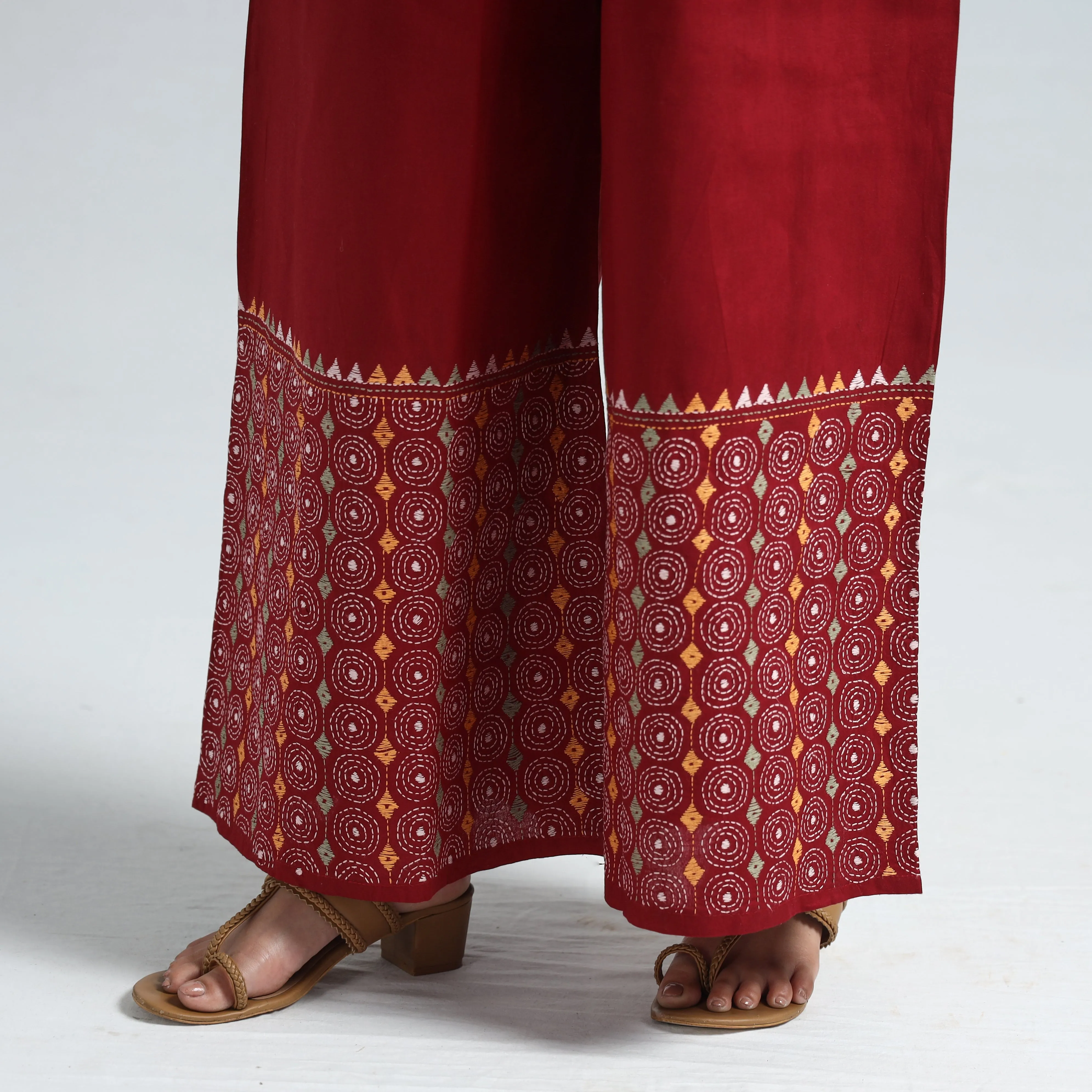 Red - Bengal Kantha Embroidery Cotton Palazzo 72