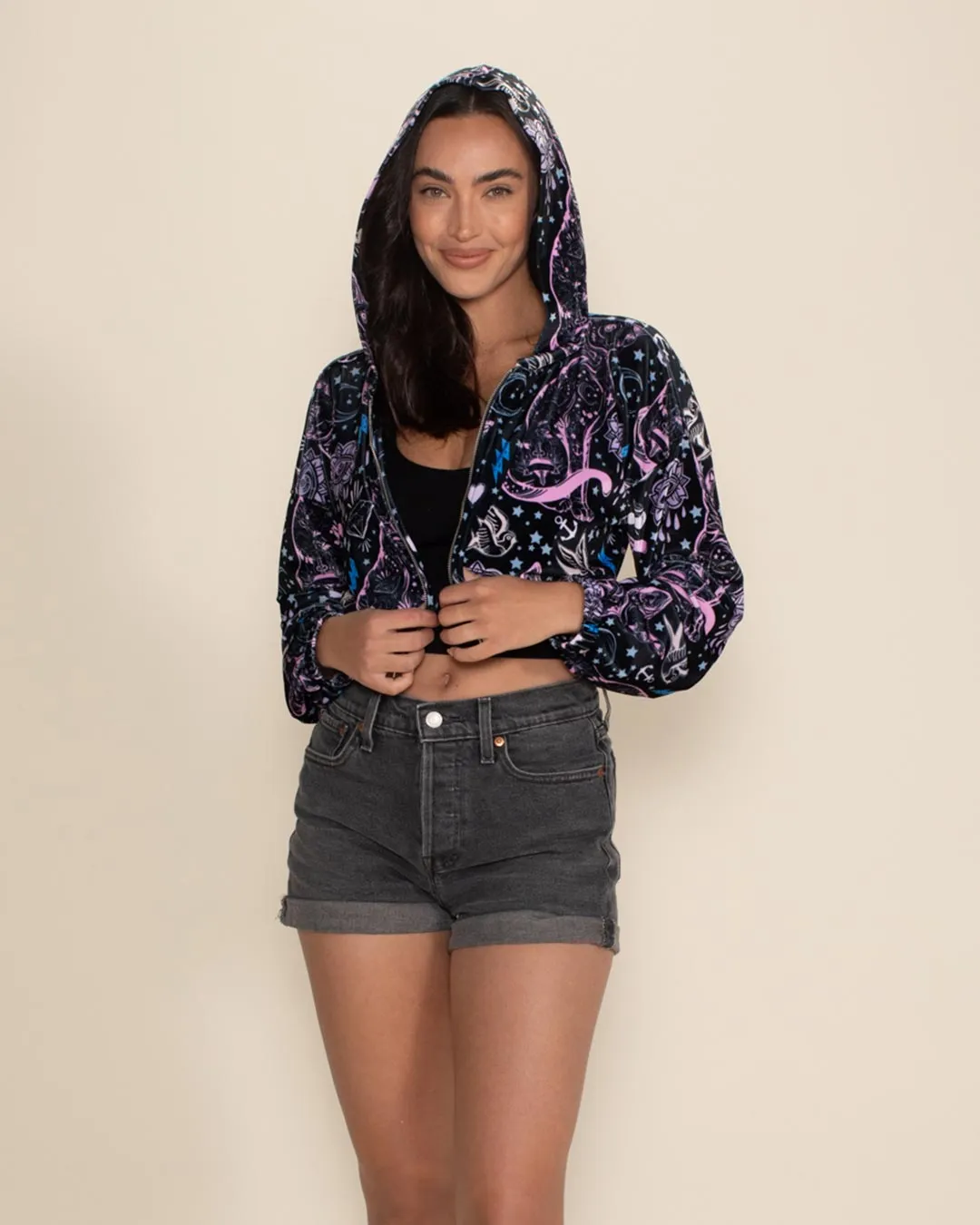 Sacred Sailor Kitty Hooded Velvet Cropped Jacket  | Women's