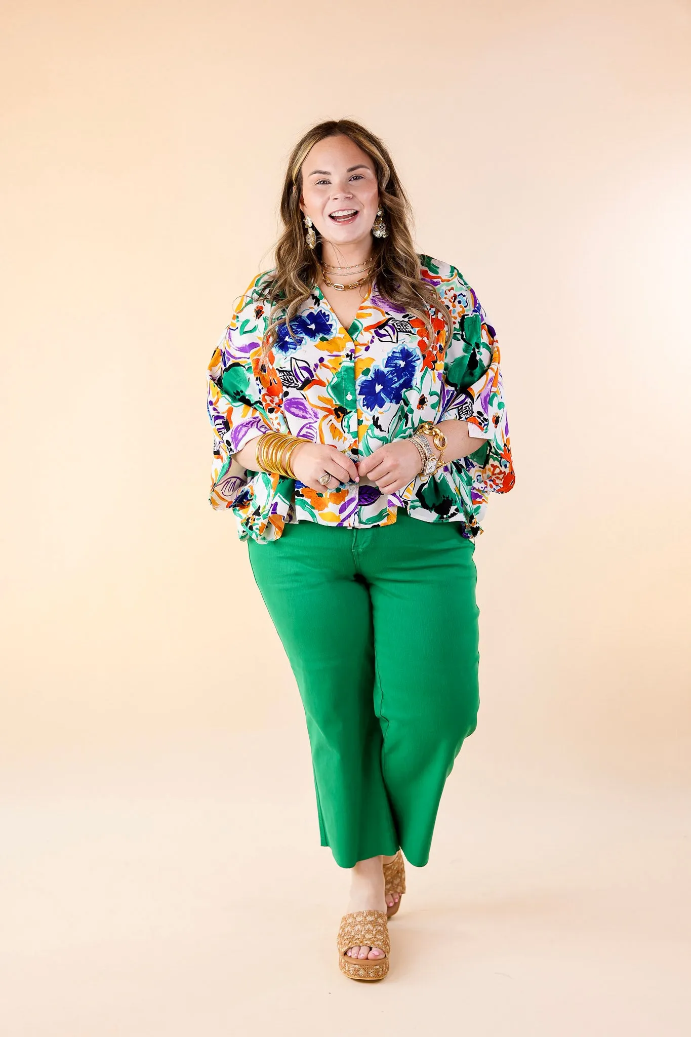 Sailing Away Floral Button Up Poncho Top in Green Mix