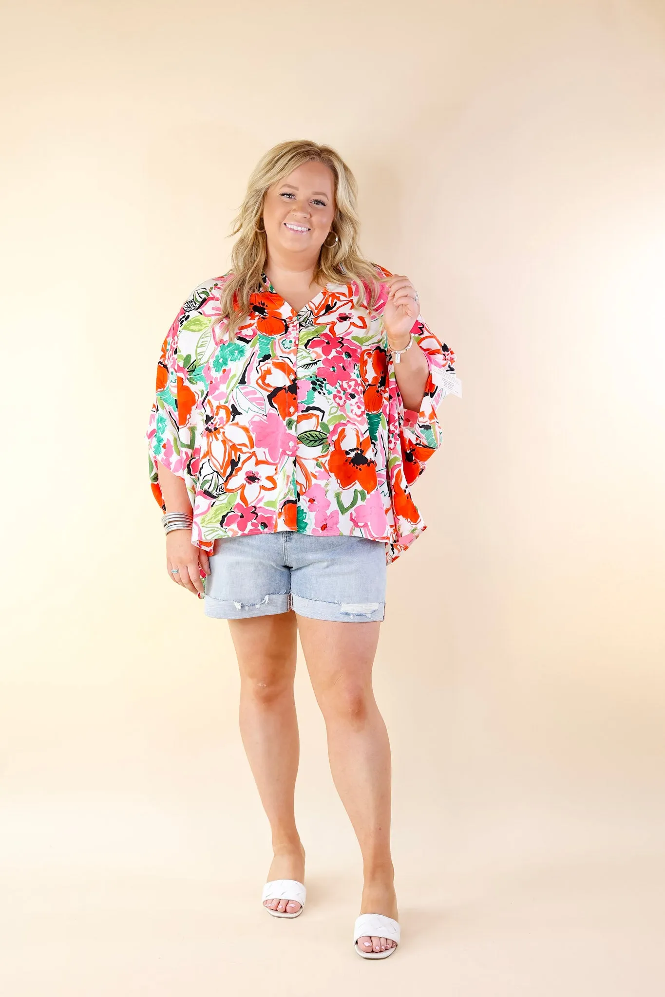 Sailing Away Floral Button Up Poncho Top in Red Mix