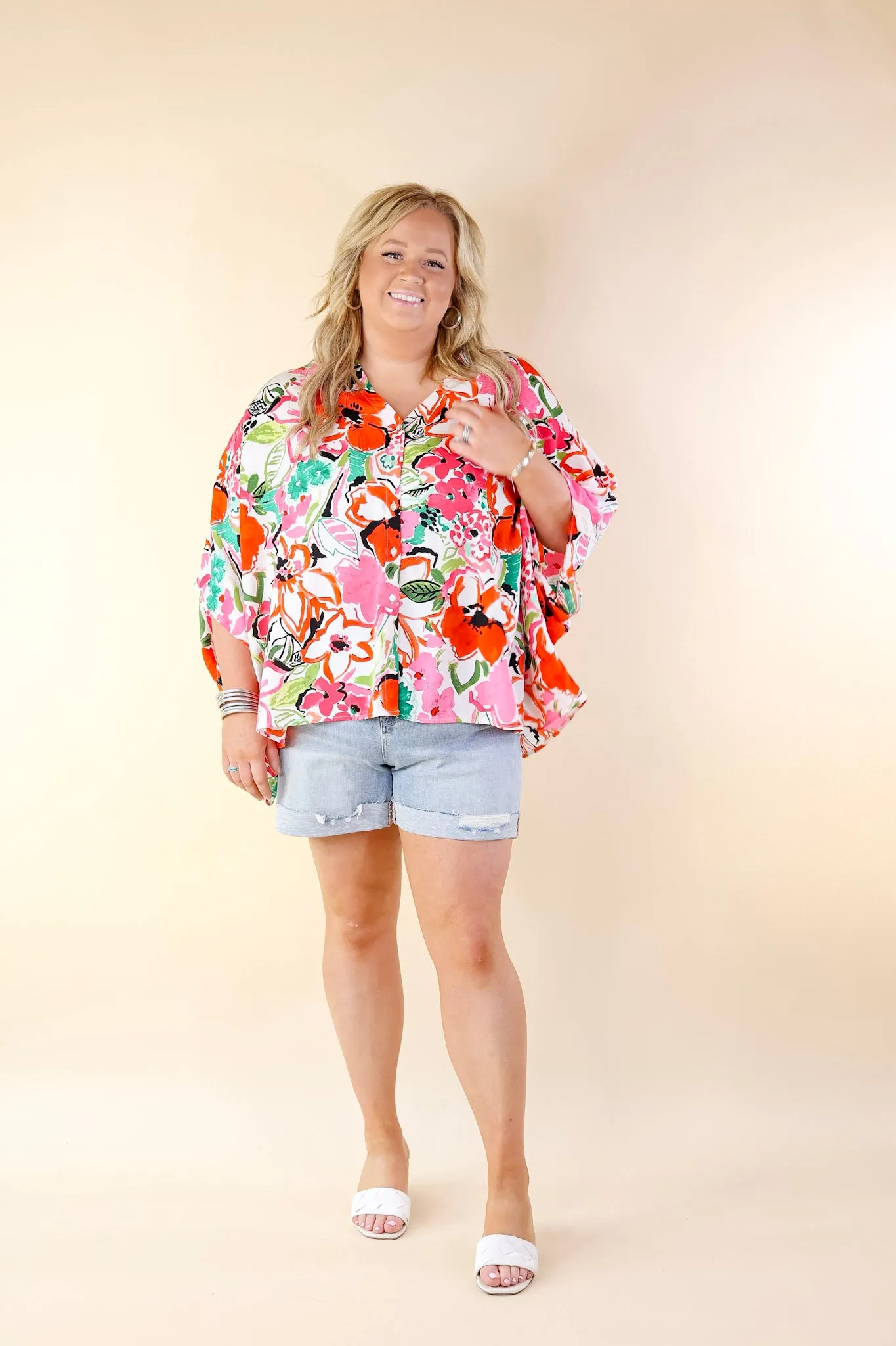 Sailing Away Floral Button Up Poncho Top in Red Mix