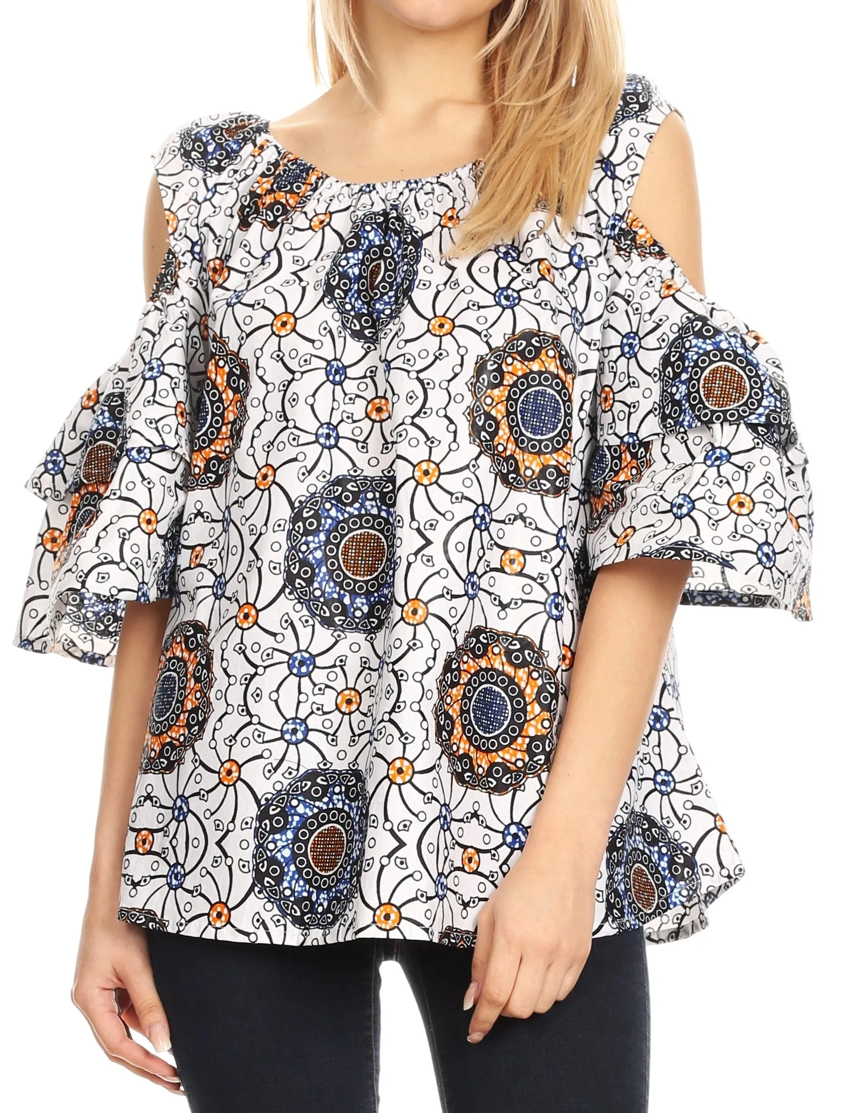 Sakkas Miranda Women's African Ankara Cold Shoulder Short Sleeve Flare Top Blouse