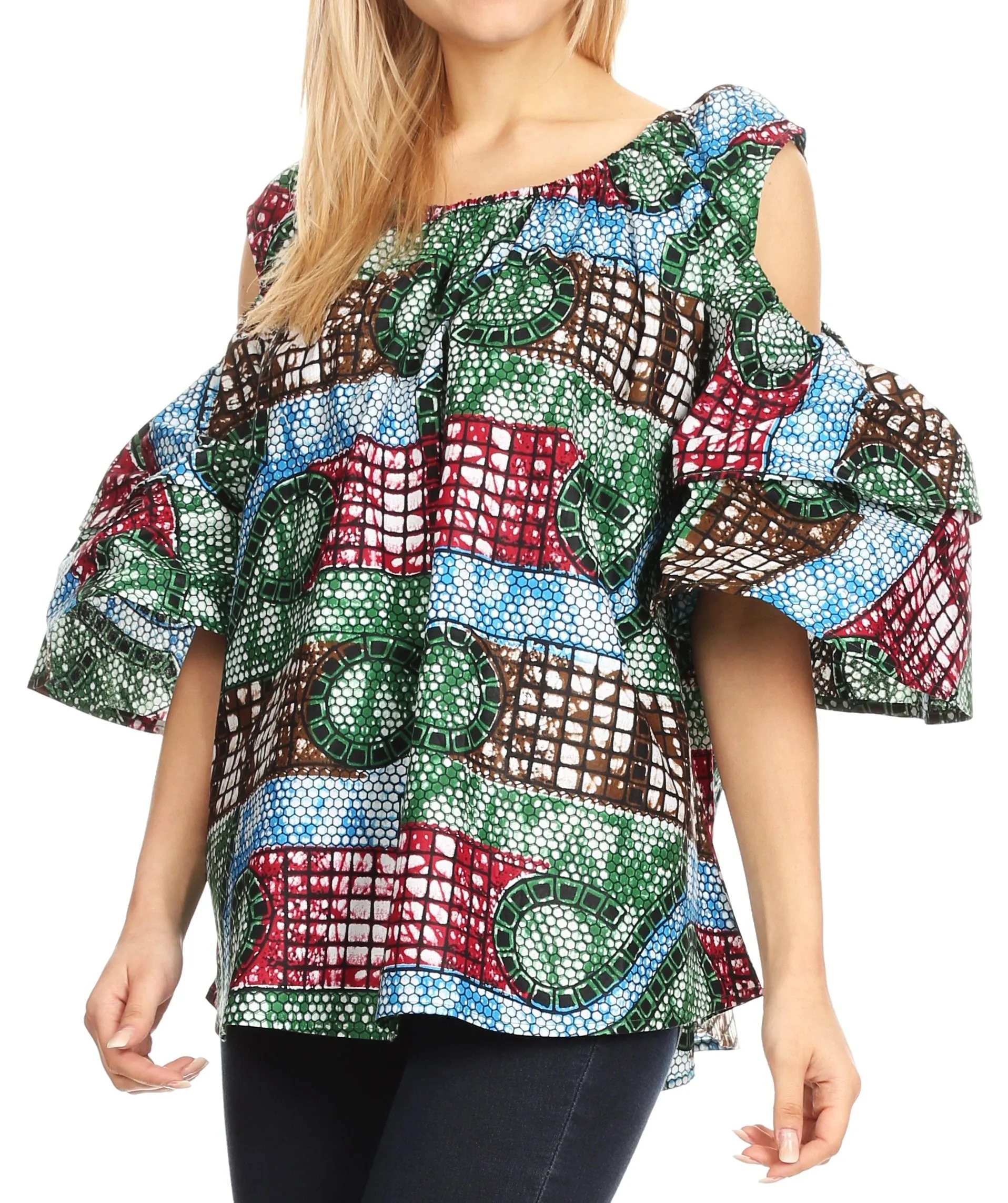 Sakkas Miranda Women's African Ankara Cold Shoulder Short Sleeve Flare Top Blouse