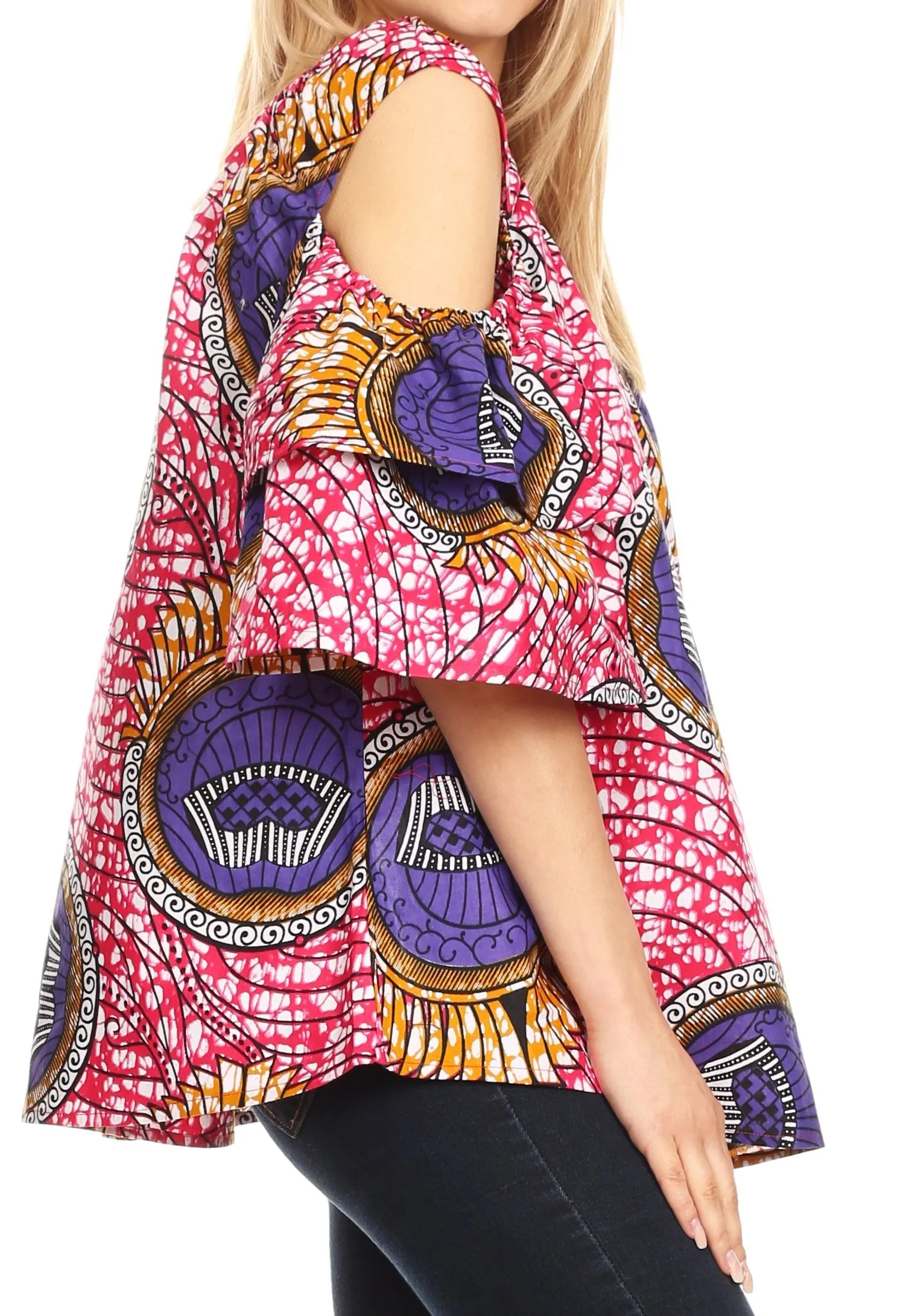 Sakkas Miranda Women's African Ankara Cold Shoulder Short Sleeve Flare Top Blouse