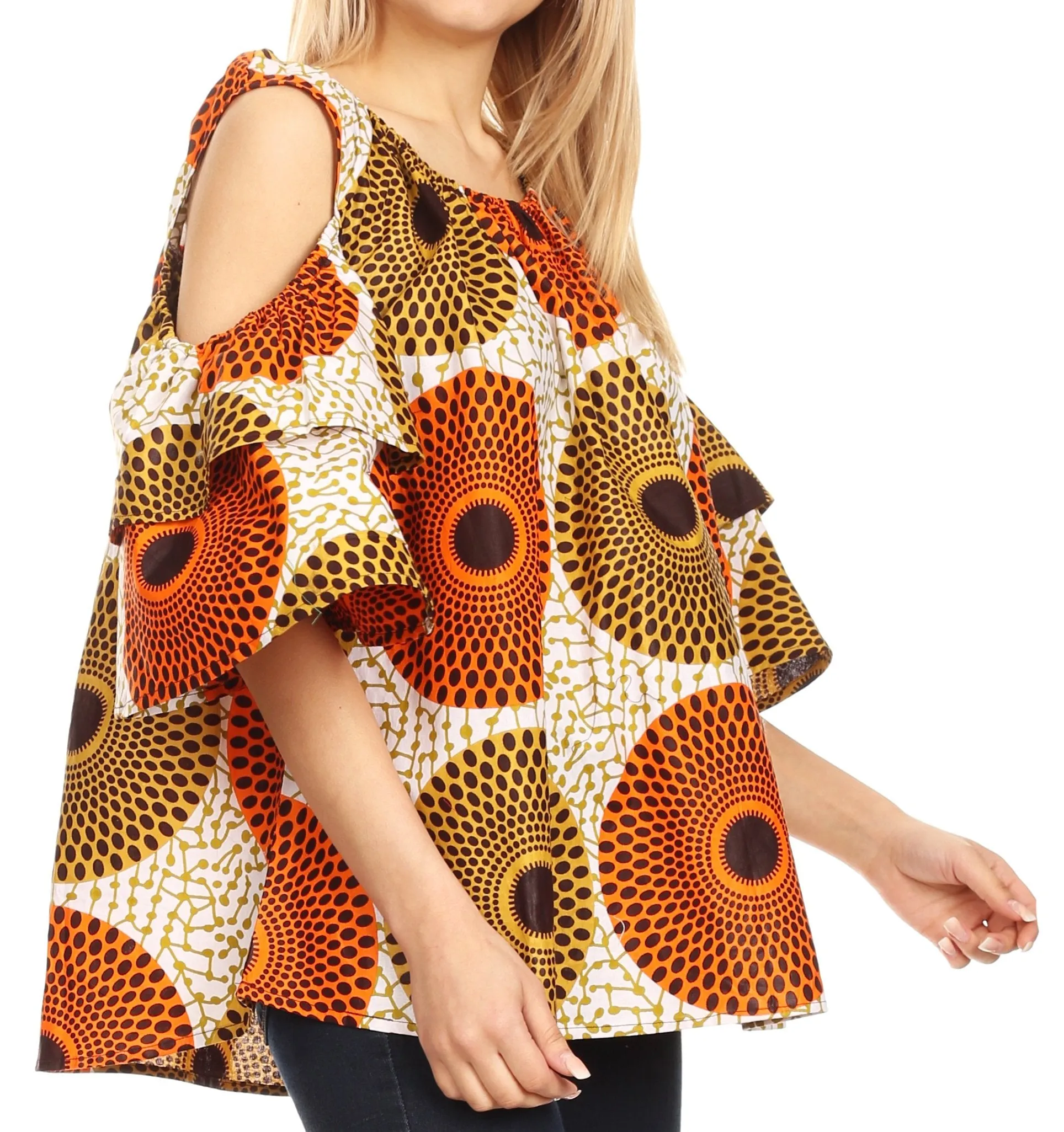 Sakkas Miranda Women's African Ankara Cold Shoulder Short Sleeve Flare Top Blouse