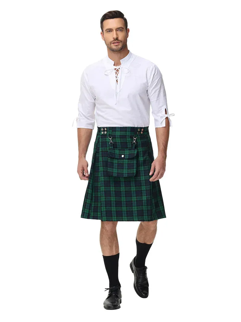 Scottish Mens Tartan Utility Kilt Pleated Midi Skirt with Bag