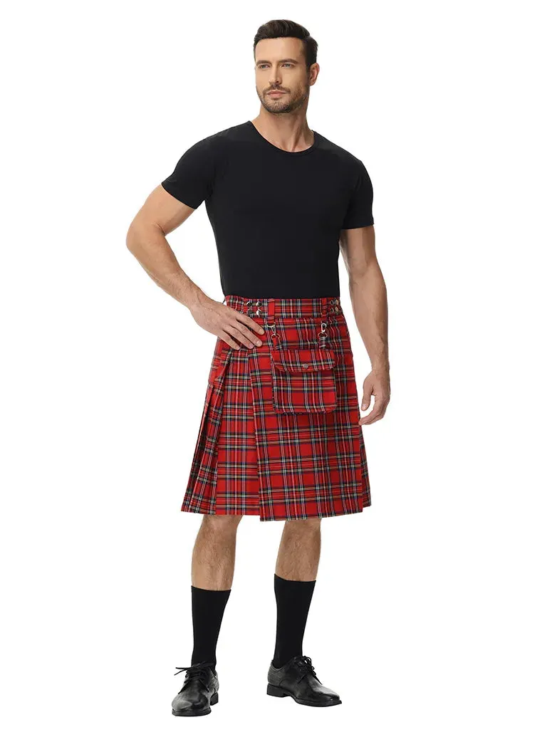 Scottish Mens Tartan Utility Kilt Pleated Midi Skirt with Bag