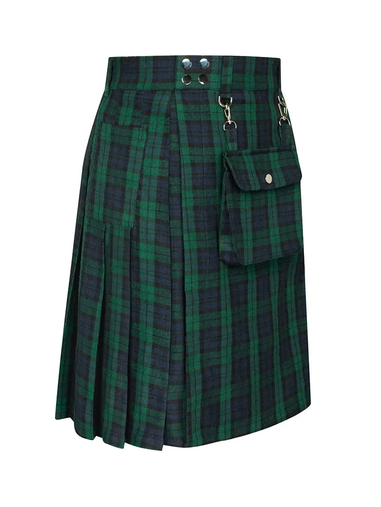 Scottish Mens Tartan Utility Kilt Pleated Midi Skirt with Bag