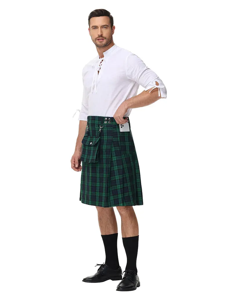 Scottish Mens Tartan Utility Kilt Pleated Midi Skirt with Bag