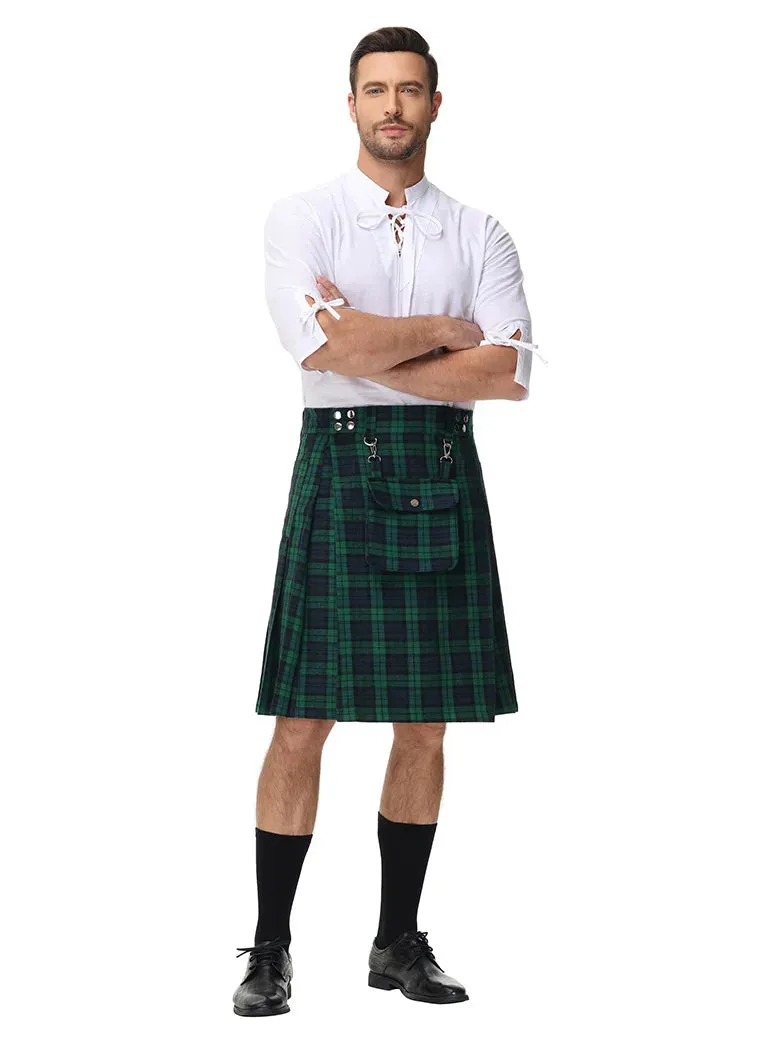 Scottish Mens Tartan Utility Kilt Pleated Midi Skirt with Bag