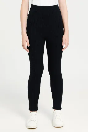 Senior Girls Black Cable Knit Leggings