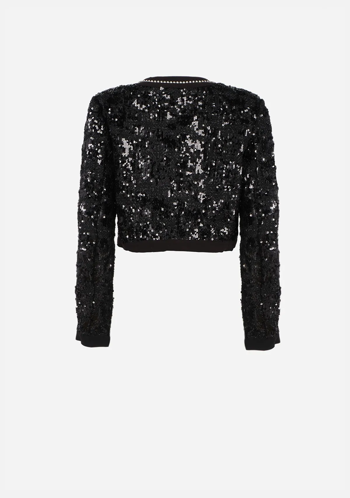 Sequin Tweed Bow Trim Front Crop Jacket