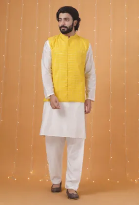 Set Of 3: Yellow Checkered Chanderi Nehru Jacket, Ivory White Kurta & Pajama