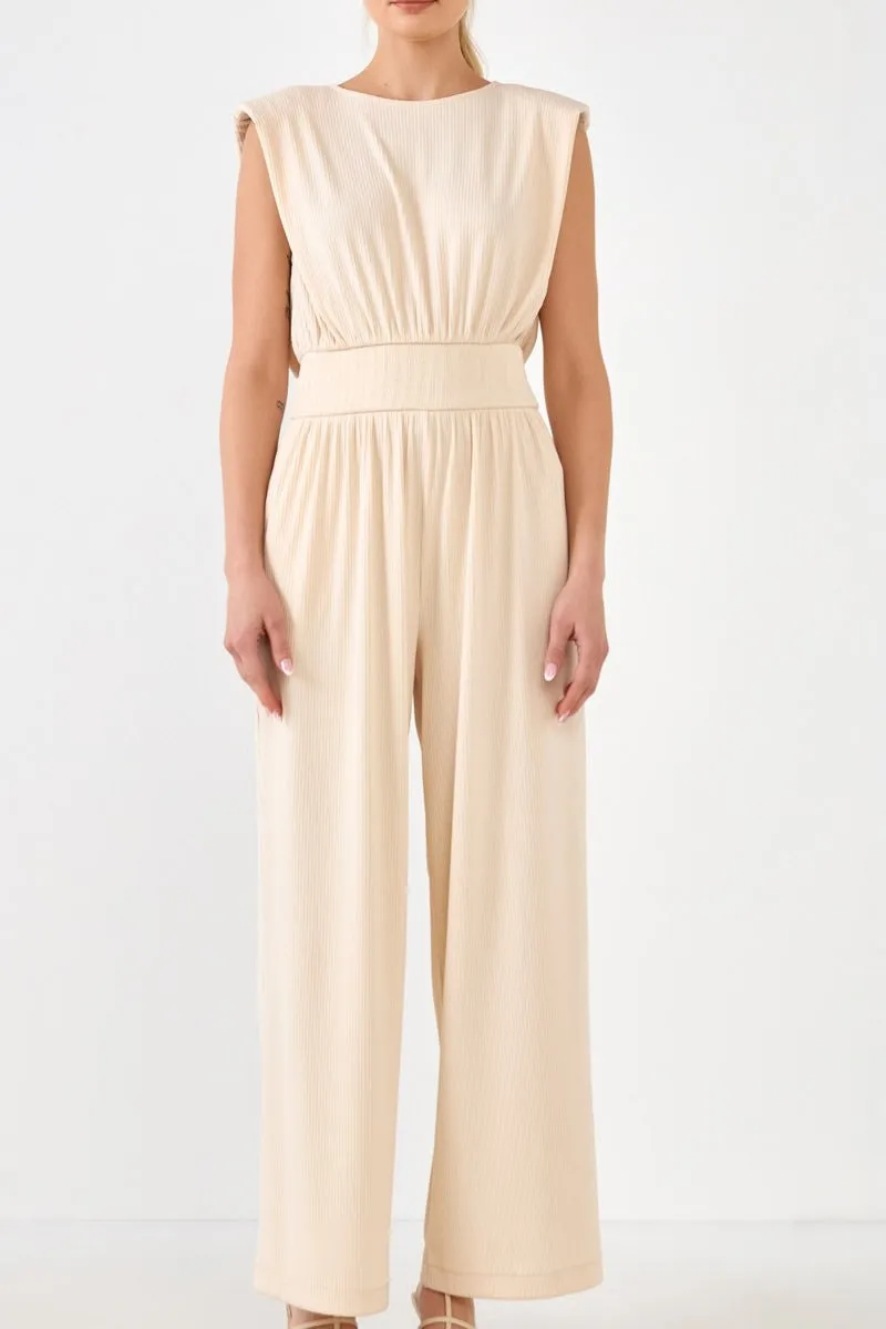 Shoulder Pad Jumpsuit with Smocked Waist