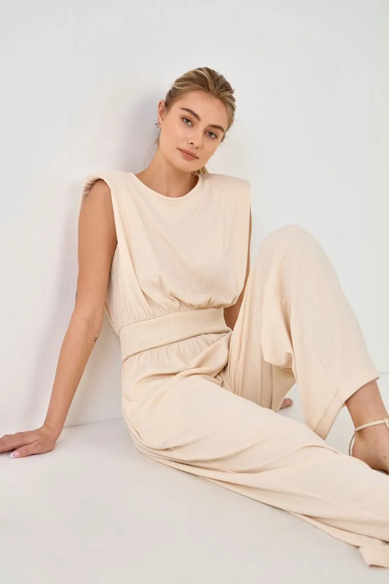 Shoulder Pad Jumpsuit with Smocked Waist