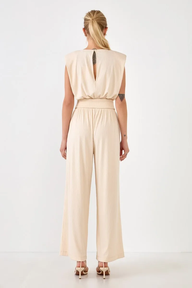 Shoulder Pad Jumpsuit with Smocked Waist